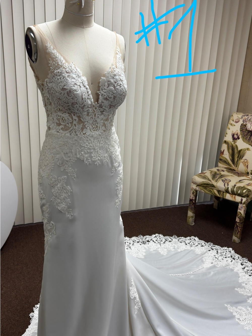 Stella York Ivory Lace Appliqué Wedding Gown with Sheer Bodice